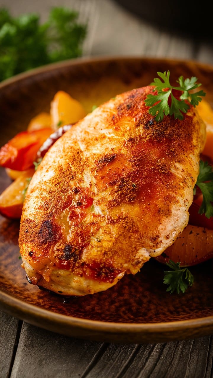 Poulet rôti avec légumes, décoré de persil.
