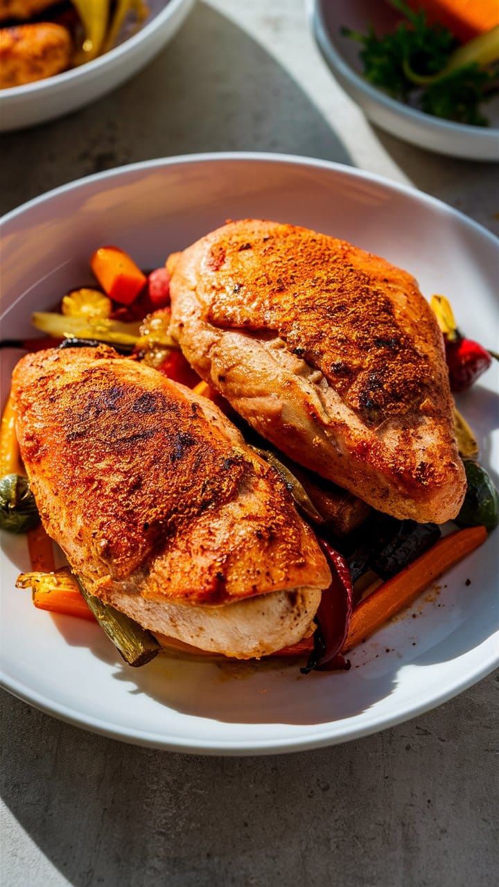 Poulet grillé aux légumes colorés sur assiette blanche.