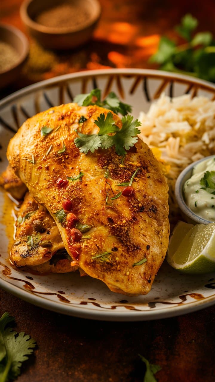 Poulet épicé grillé avec riz et sauce crémeuse.