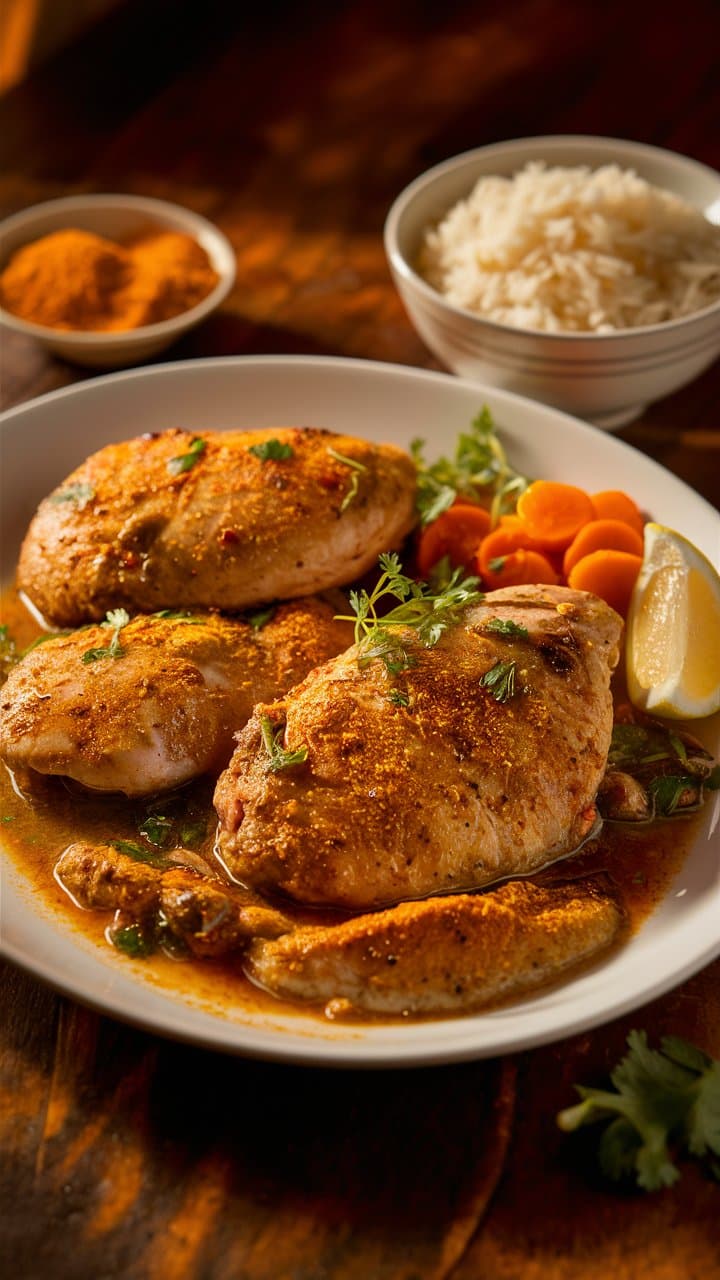 Plat de poulet épicé avec riz et légumes.
