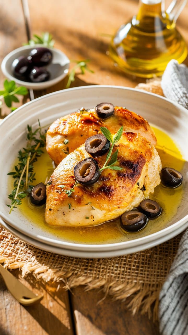 Poulet grillé avec olives noires et herbes aromatiques.