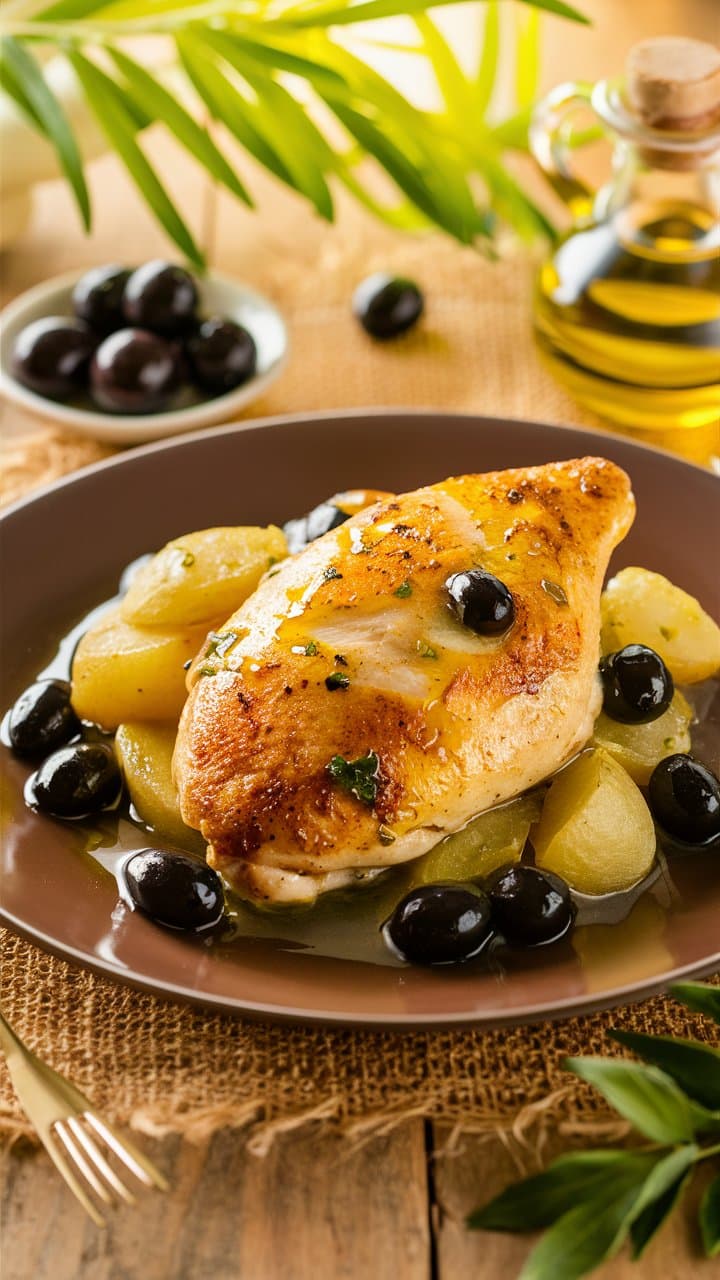 Poulet rôti aux olives et pommes de terre.