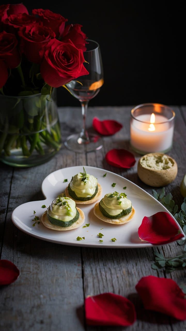 Plateau de canapés, roses rouges et bougie.