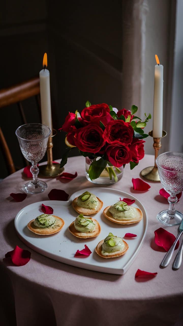Table romantique avec roses rouges et bougies allumées.