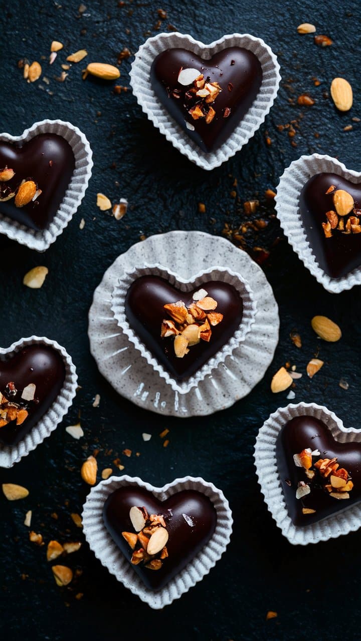 Cœurs en chocolat noir avec noisettes concassées.