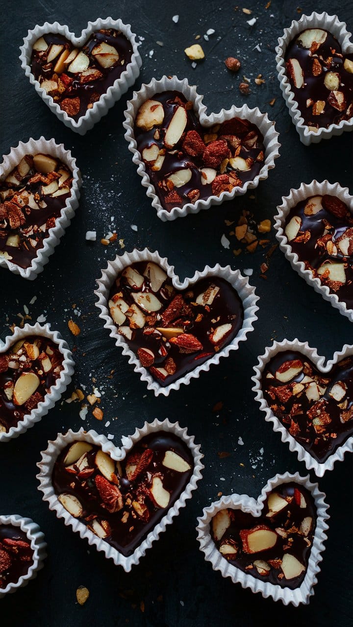Chocolats en forme de cœur avec amandes et noisettes.
