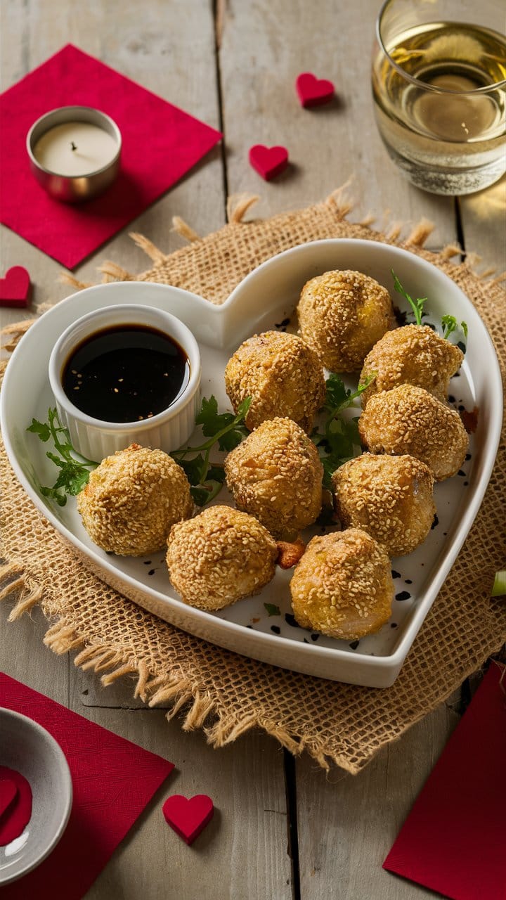 Beignets dhokla et sauce soja sur assiette cœur.