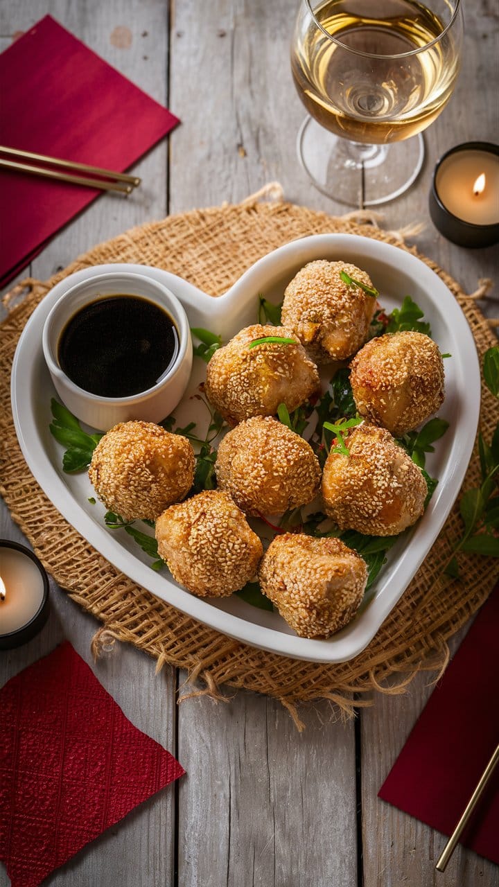 Assiette boulettes sésame avec sauce et verre de vin.