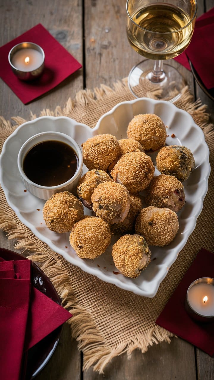 Assiette de boulettes avec sauce, verres de vin.