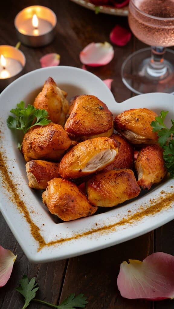 Poulet rôti dans plat cœur avec bougies.