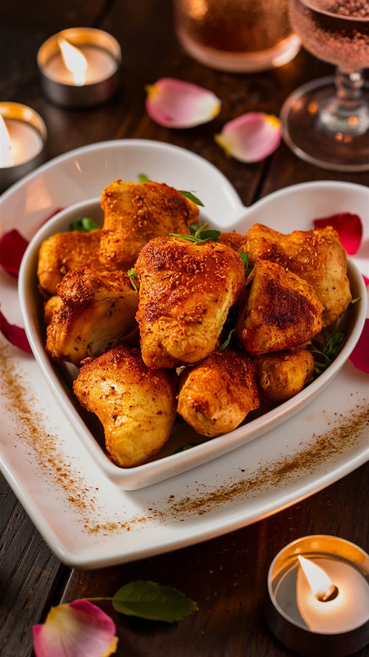 Poulet épicé dans assiette en forme de cœur.