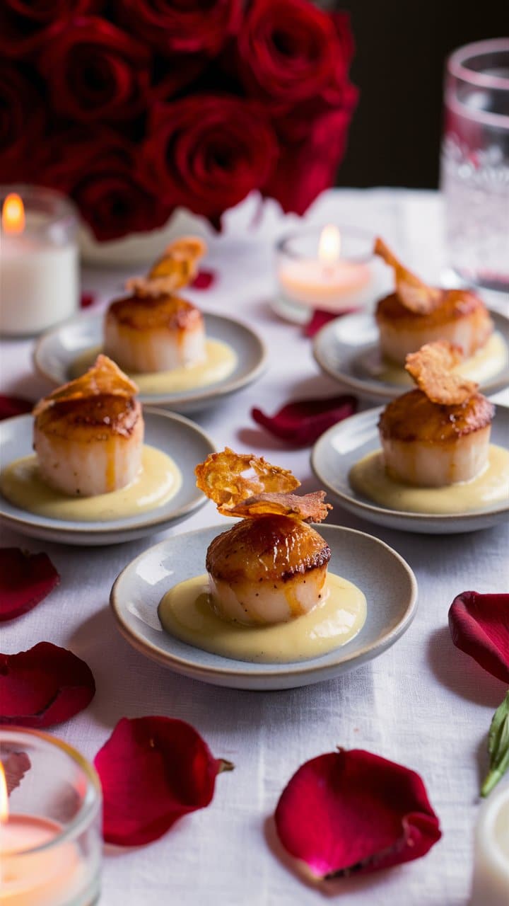 Coquilles Saint-Jacques avec sauce, pétales de rose rouges.