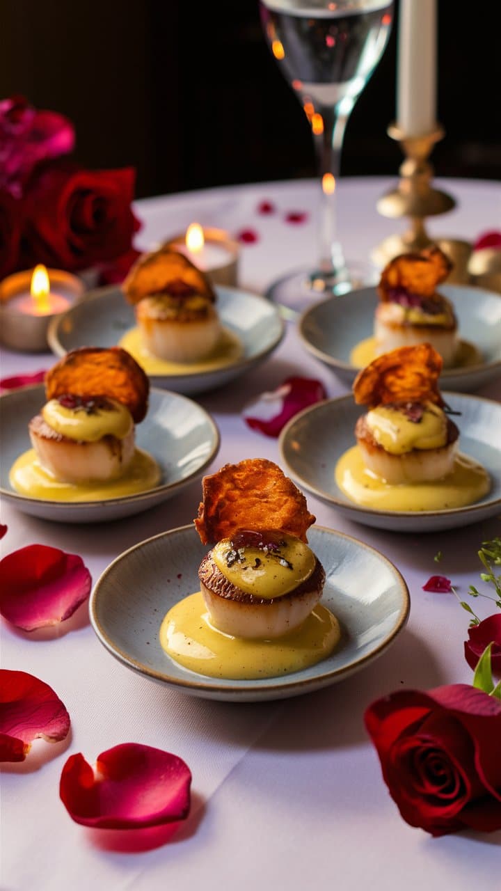 Assiettes de coquilles Saint-Jacques avec sauce et décorations.