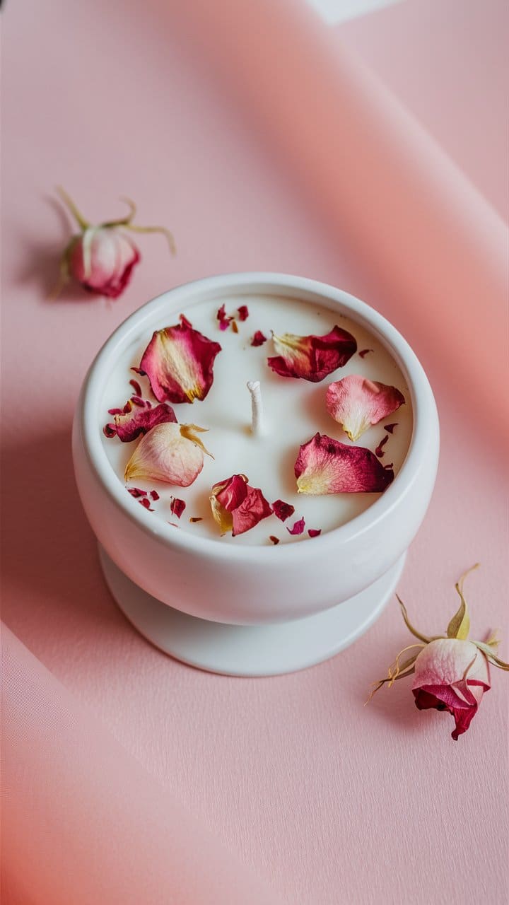 Bougie blanche aux pétales de rose séchés.
