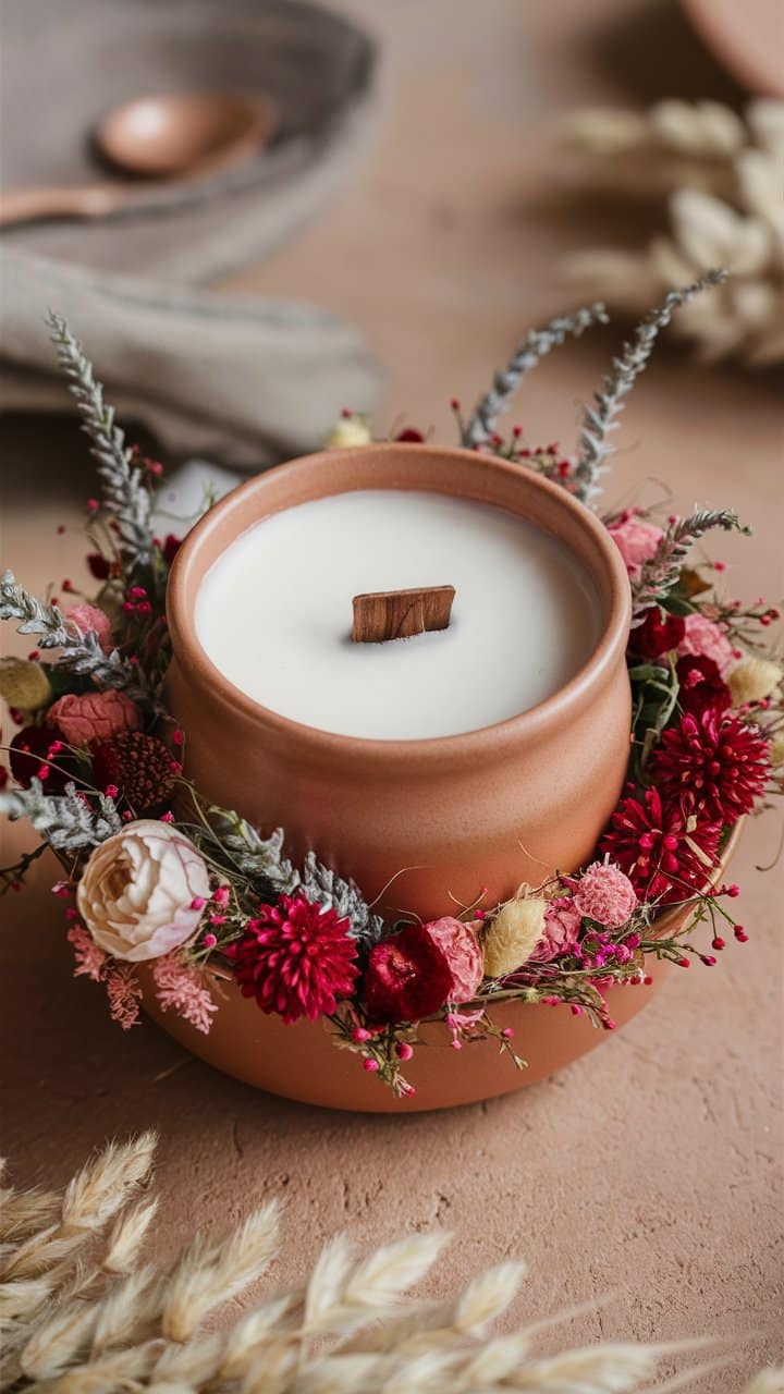 Bougie décorée avec fleurs séchées multicolores