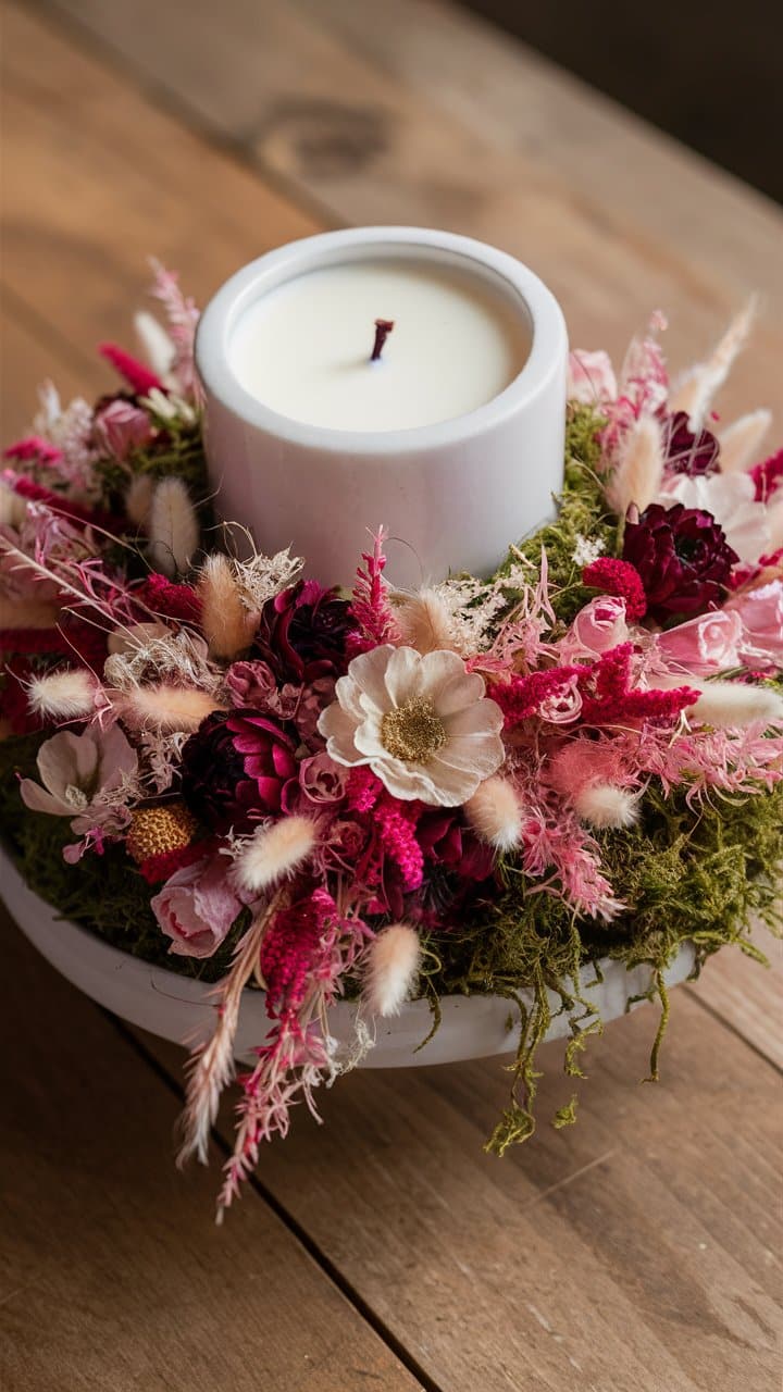 Bougie entourée de fleurs séchées colorées.