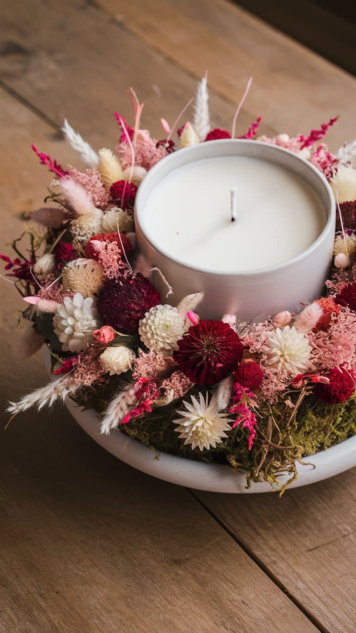 Bougie entourée de fleurs séchées sur une table