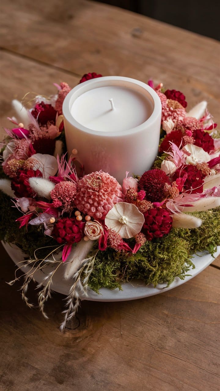 Bougie entourée de fleurs séchées colorées sur table.