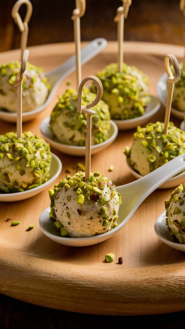 Amuse-bouches au fromage et pistaches sur cuillères.