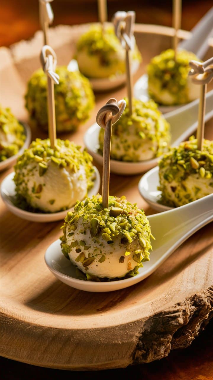 Boules de fromage aux pistaches sur cuillères blanches.