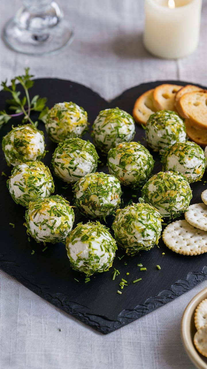 Boules de fromage frais aux herbes sur ardoise.