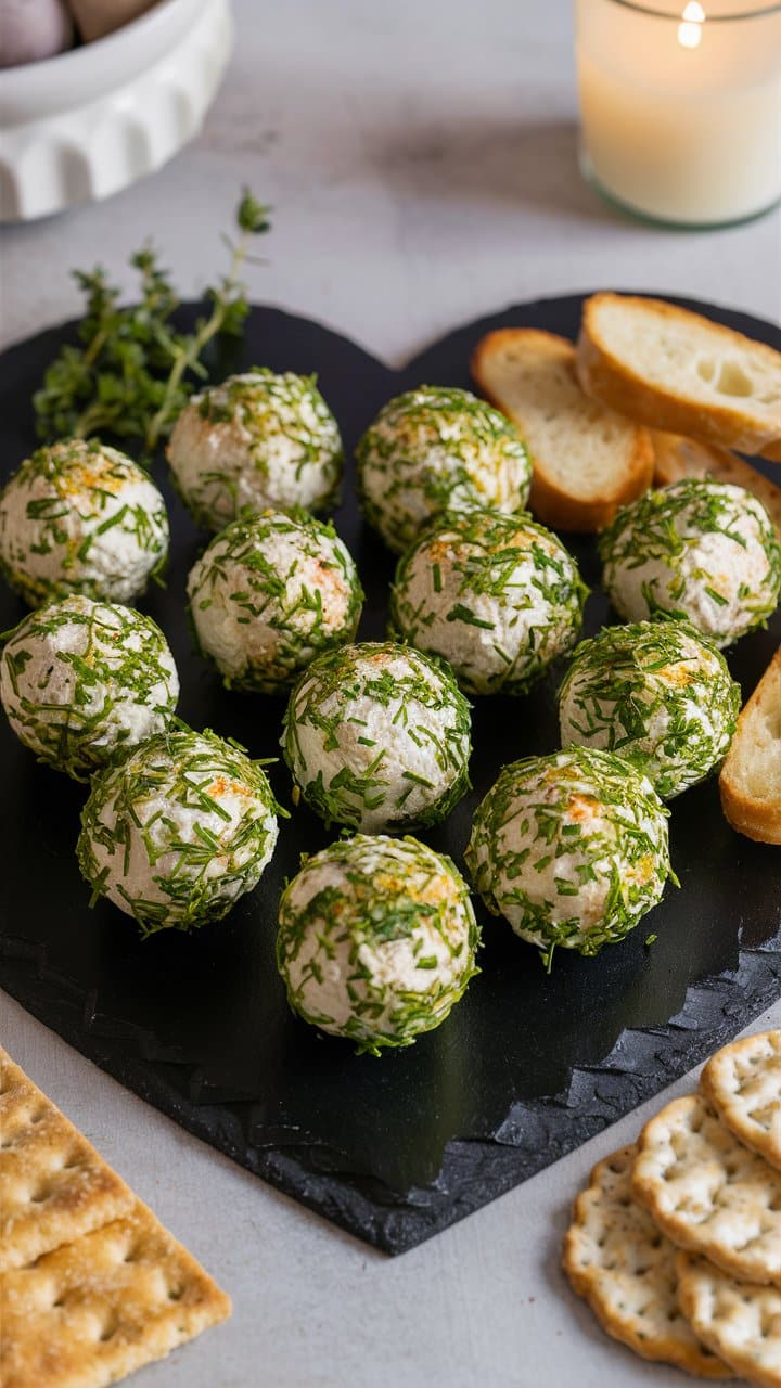 Boules de fromage aux herbes, avec crackers et pain.