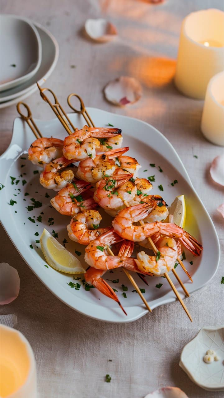 Brochettes de crevettes grillées sur plat avec citron.