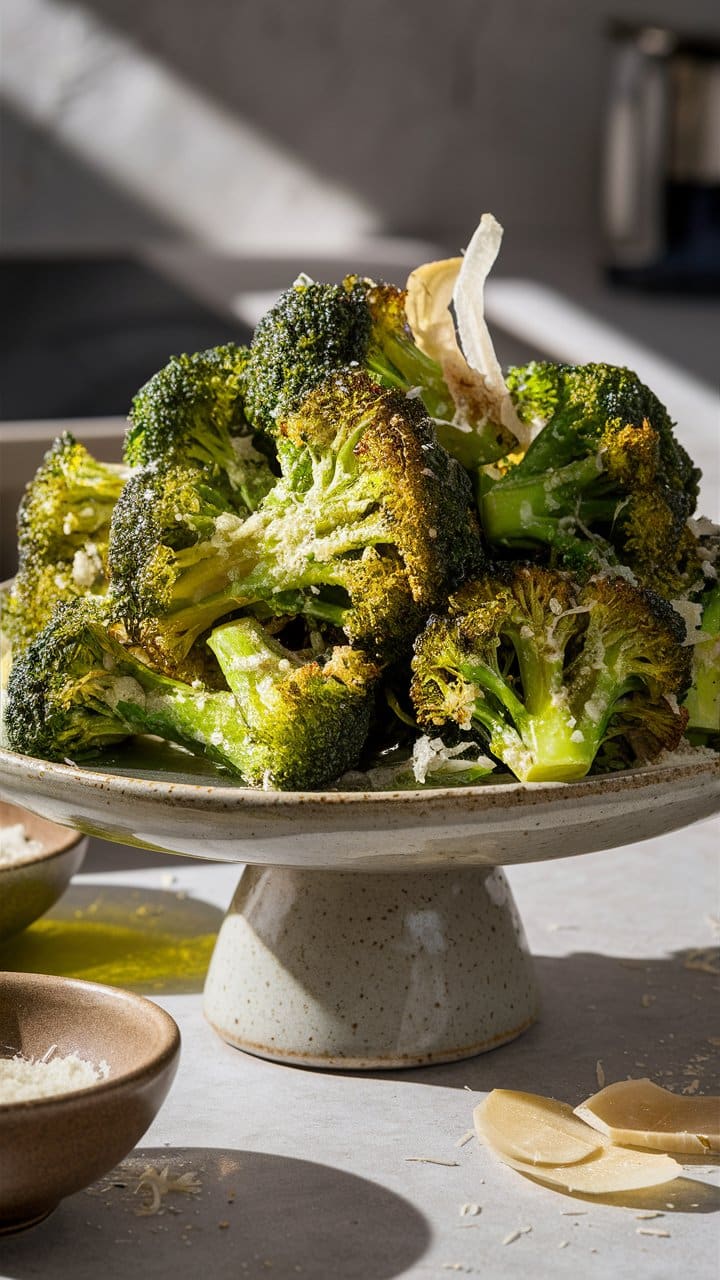Brocoli rôti au parmesan sur assiette.