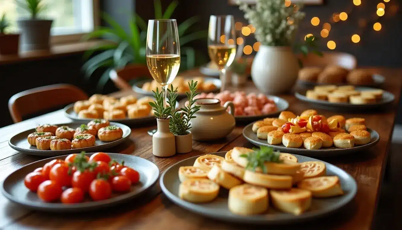 Buffet apéritif avec champagne sur table.