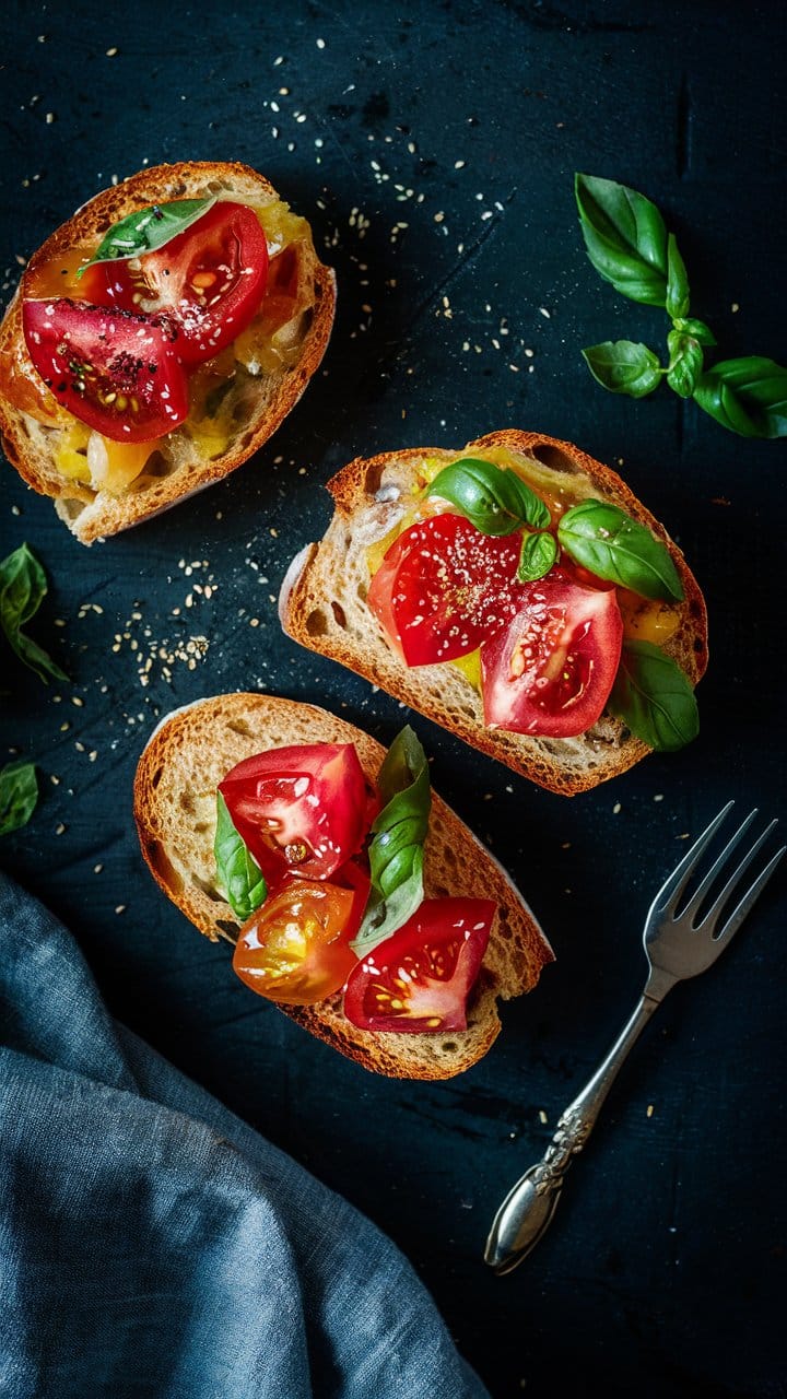Bruschetta aux tomates et basilic frais sur ardoise.