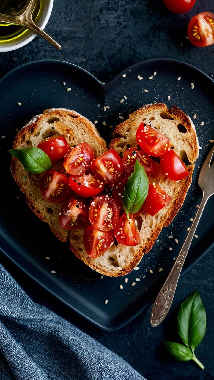 Toast coeur avec tomates et basilic