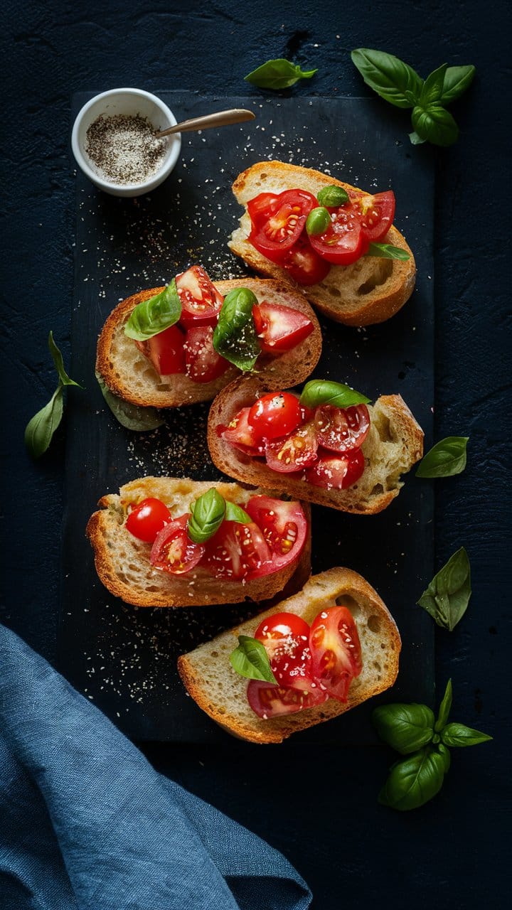 Bruschetta avec tomates et basilic sur ardoise noire.