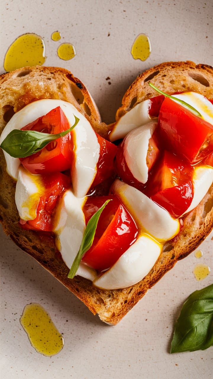 Tartine coeur tomates mozzarella basilic huile.