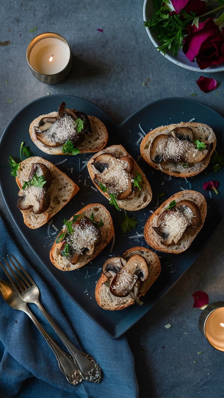 Bruschettas aux champignons et persil sur assiette.