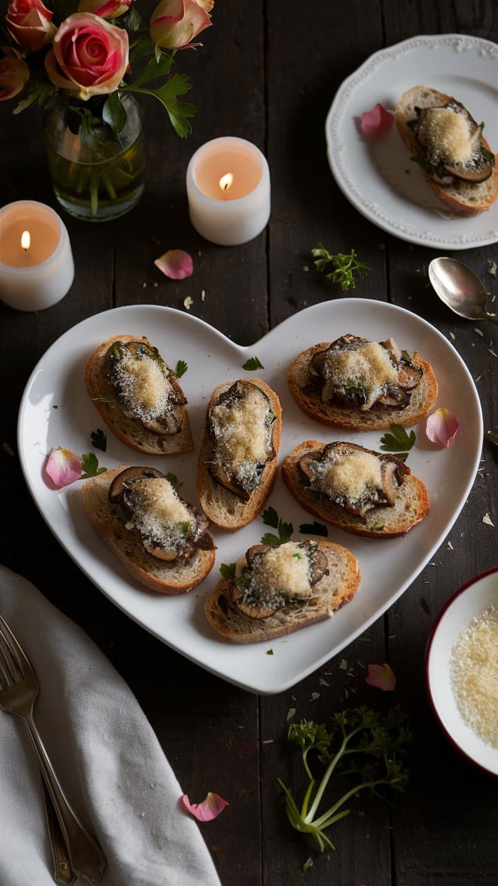 Bruschettas aux champignons et fromage sur plateau cœur.