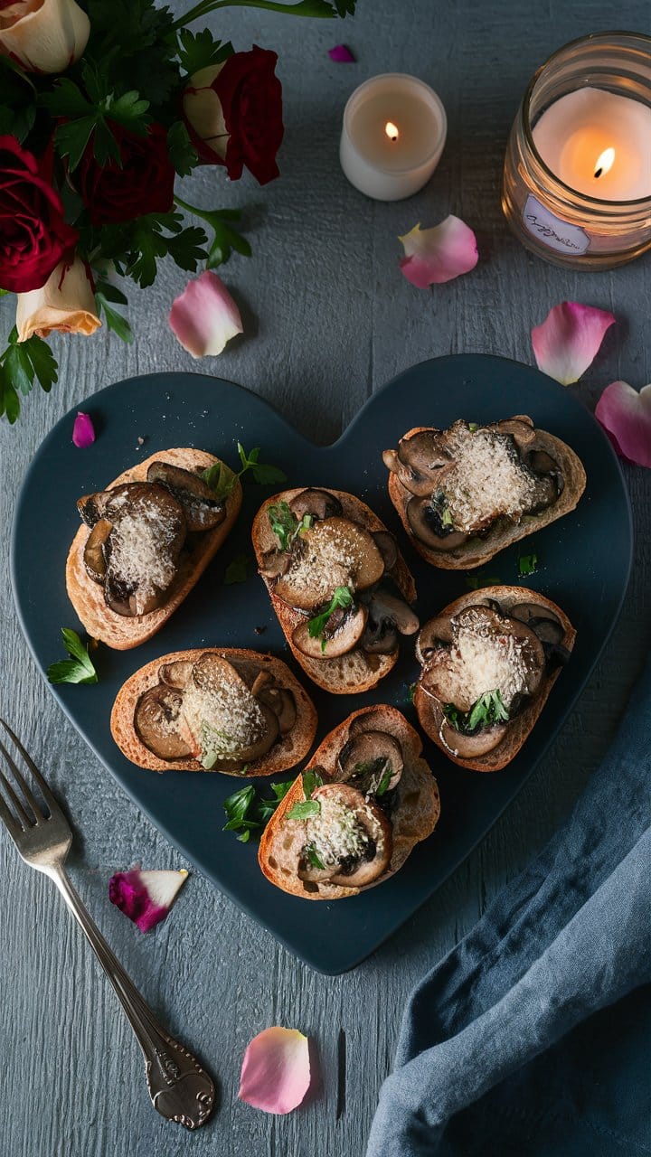 Bruschettas aux champignons sur assiette en forme de cœur.