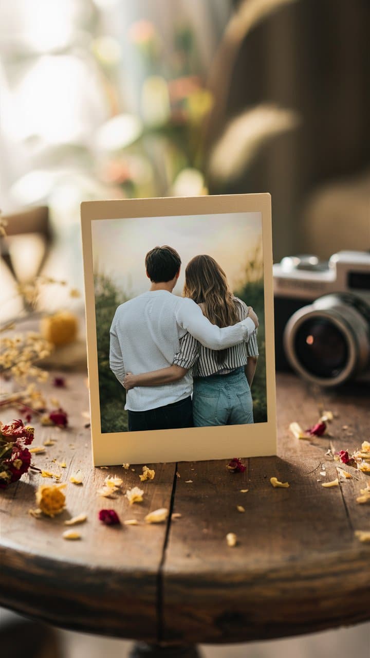 Photo d'un couple s'enlaçant, décor vintage.