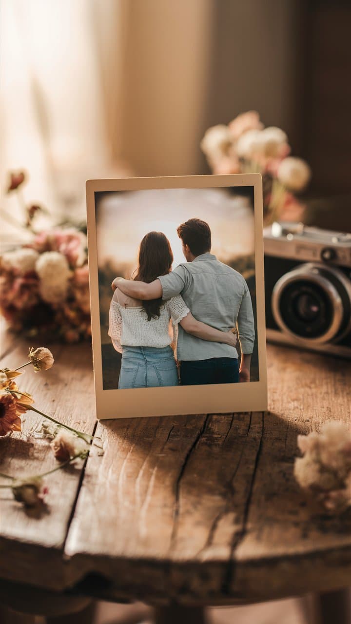 Photo d'un couple enlacé sur table en bois.