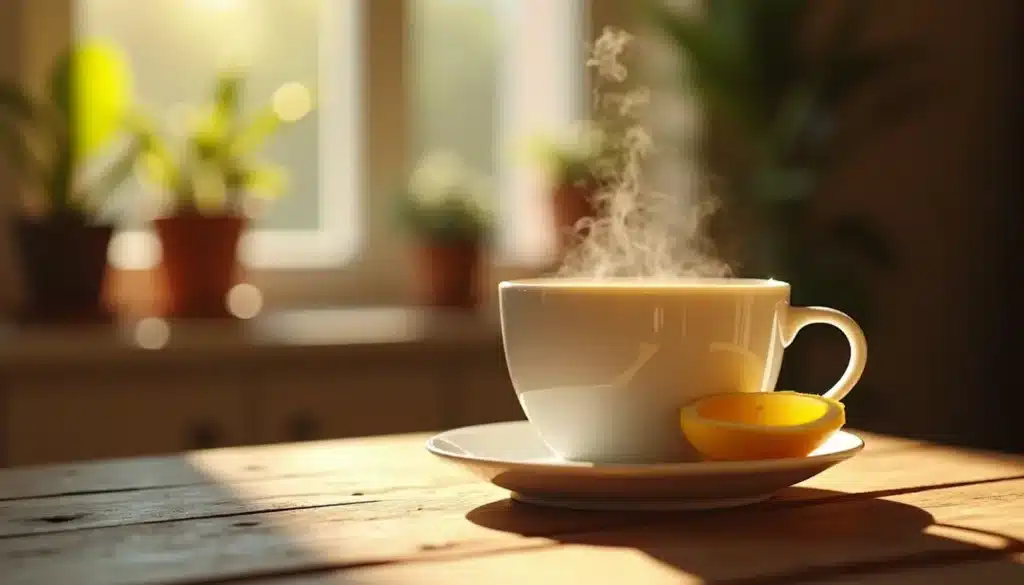 Tasse de thé chaud avec tranche de citron.