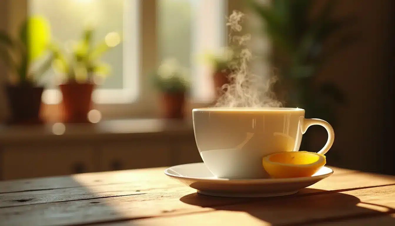 Tasse de thé chaud avec tranche de citron.