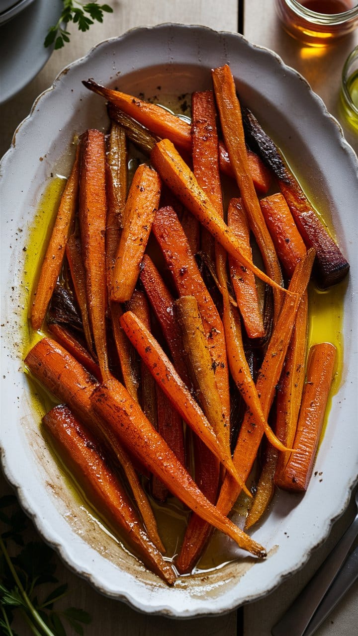 Carottes rôties assaisonnées dans un plat blanc.