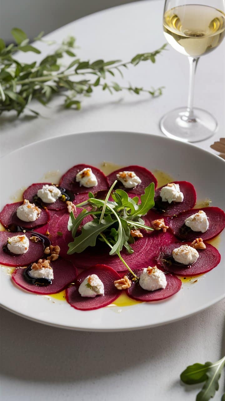 Carpaccio de betterave, ricotta, salade verte, vin blanc.