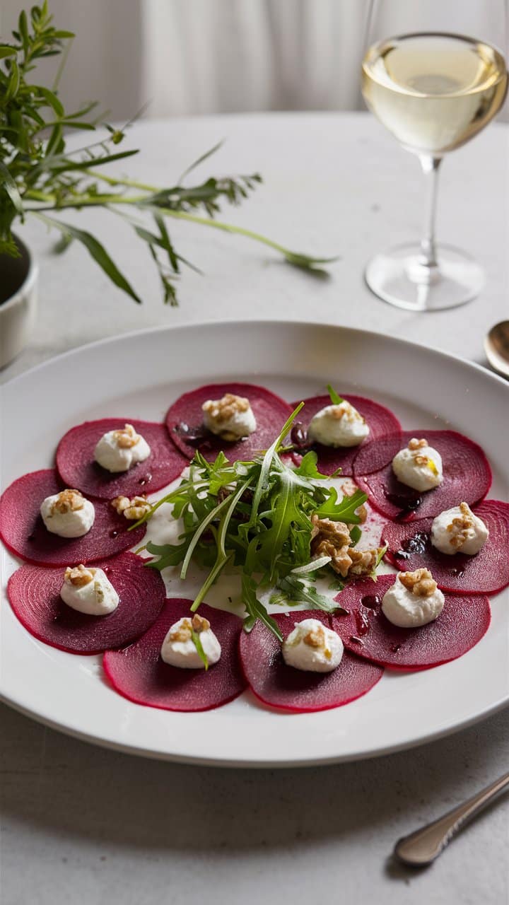 Carpaccio betterave, chèvre, noix, roquette, verre de vin.