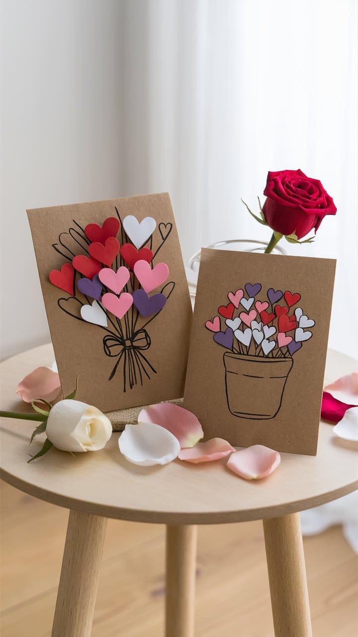 Cartes et roses sur une table en bois.