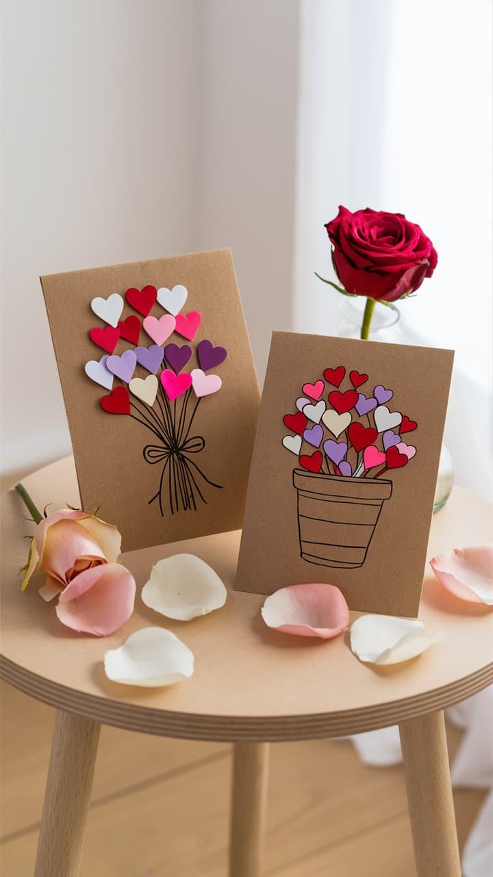Cartes avec cœurs et bouquet de roses.