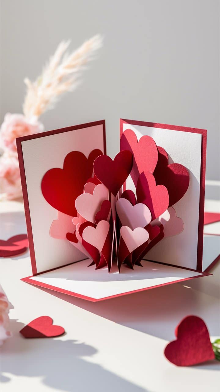 Carte pop-up avec cœurs rouges et roses.