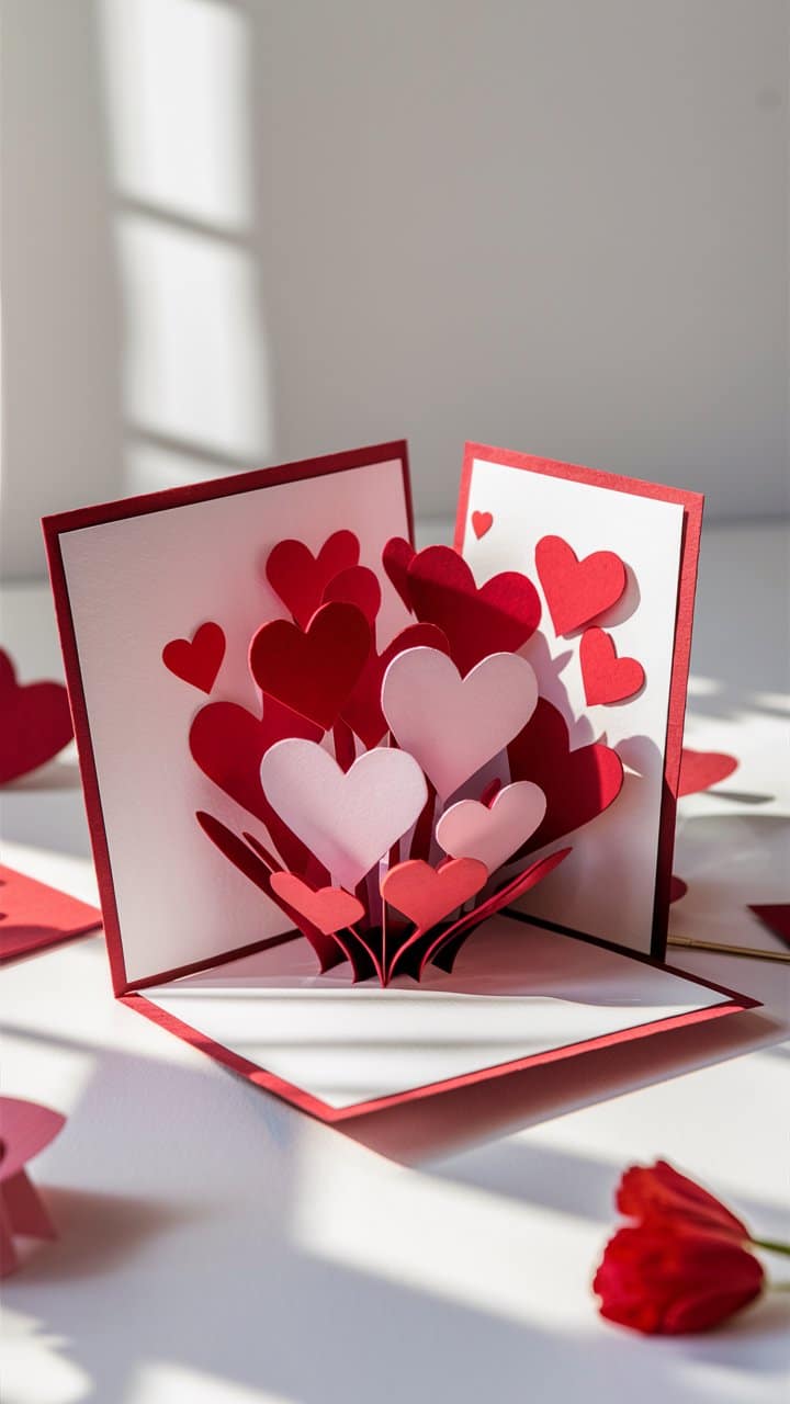 Carte pop-up avec coeurs rouges et roses.
