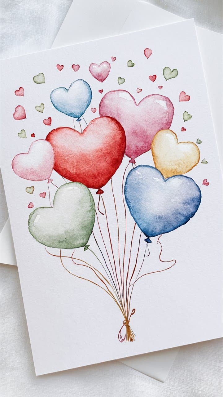 Carte aquarelle ballons cœur couleurs assorties