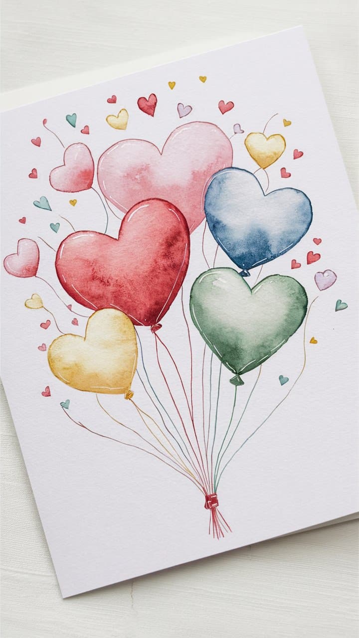 Carte avec ballons cœur colorés et petits cœurs