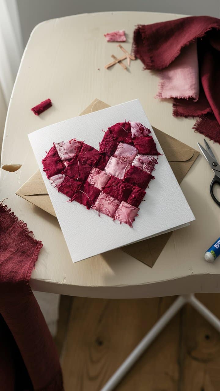 Carte cœur en tissu rouge sur table